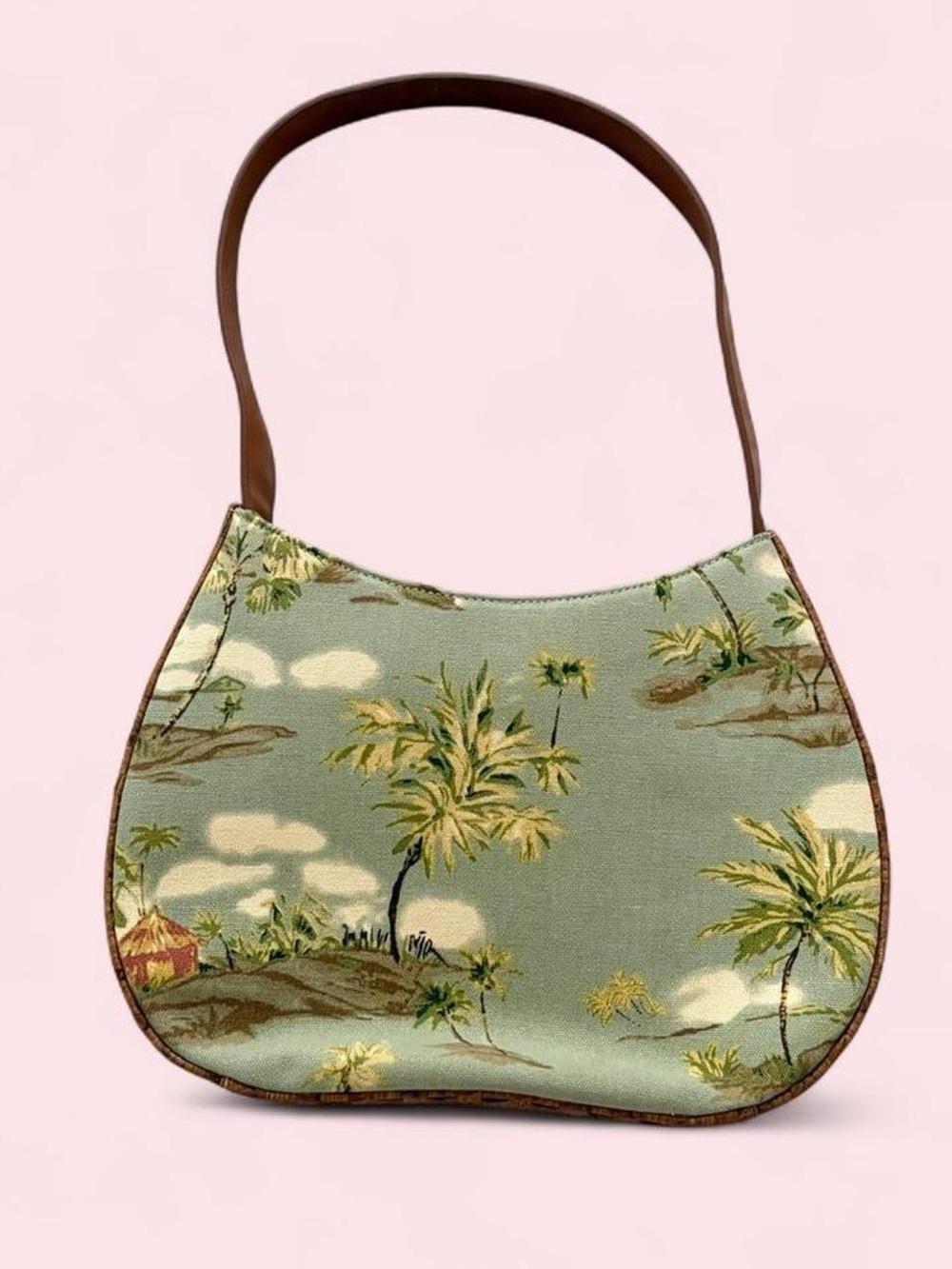 Fossil Green Tropical Print Shoulder Bag with Brown Strap